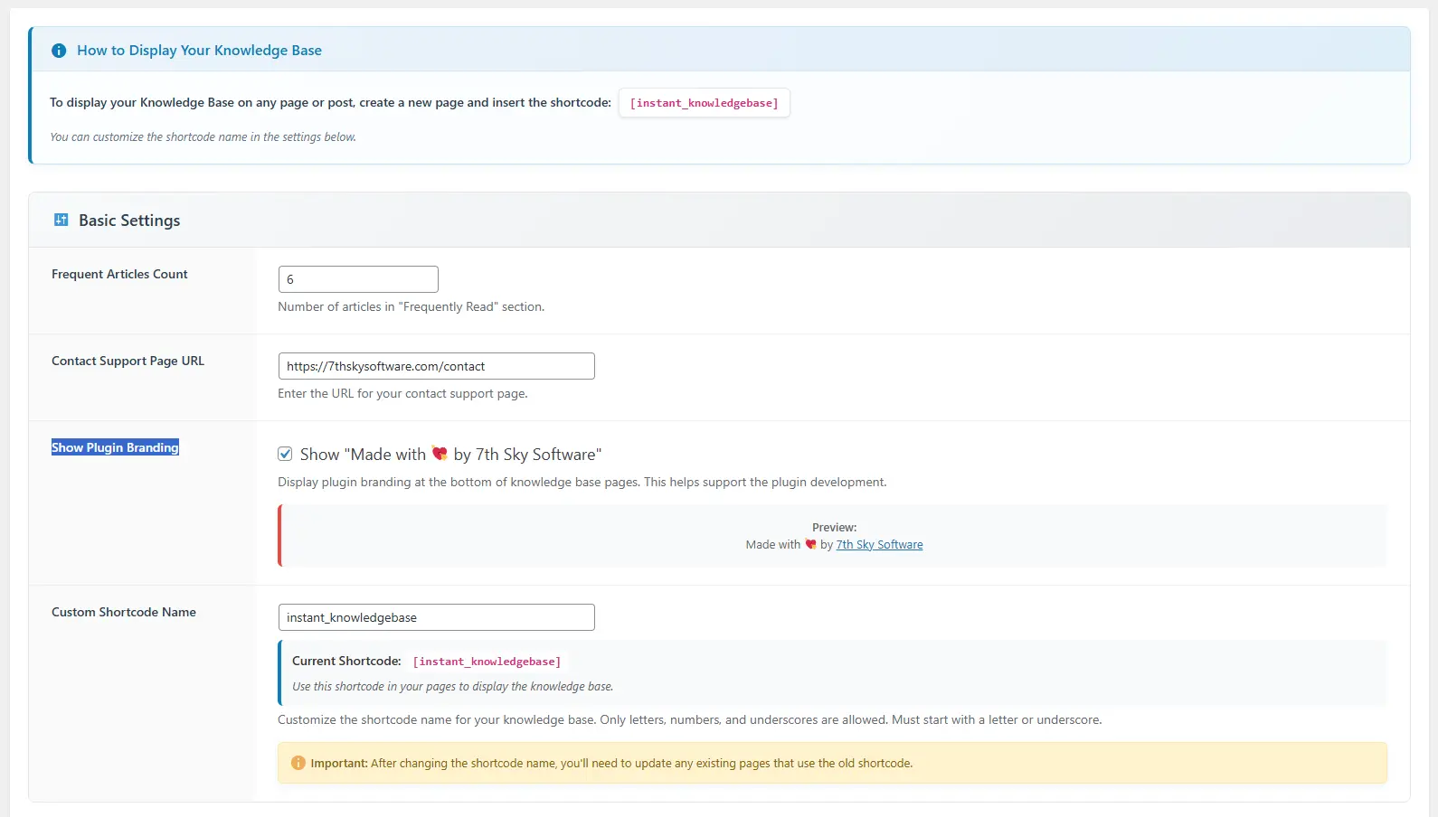 Instant Knowledge Base - Basic Settings